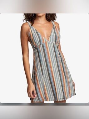 RVCA Striped Halter Mini Dress in Olive, Rust & Cream